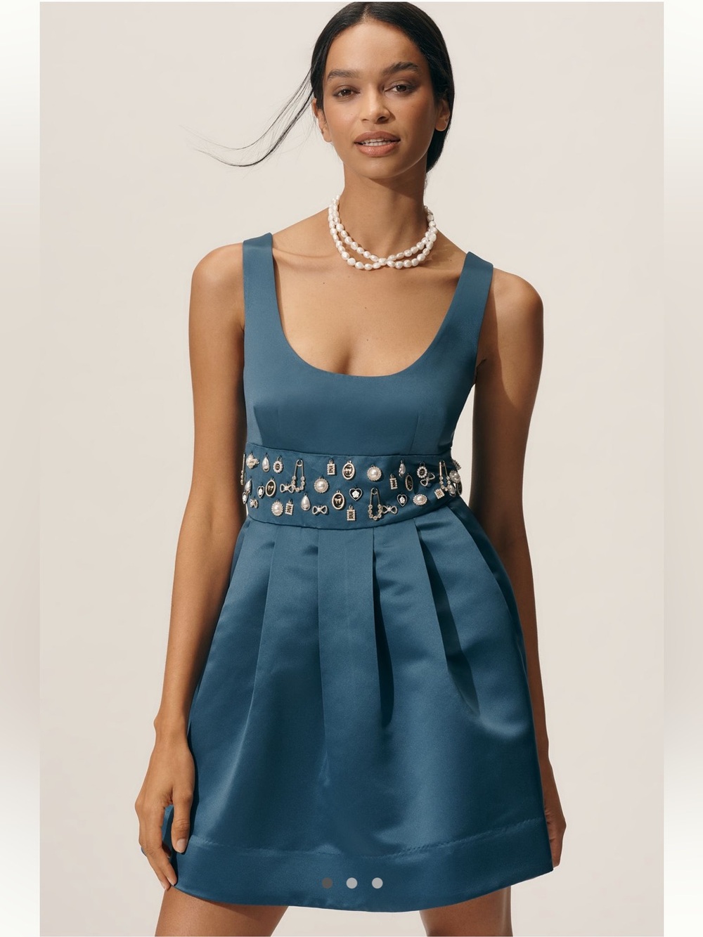 Maeve Teal Embellished Charm -Waist Satin Mini Dress